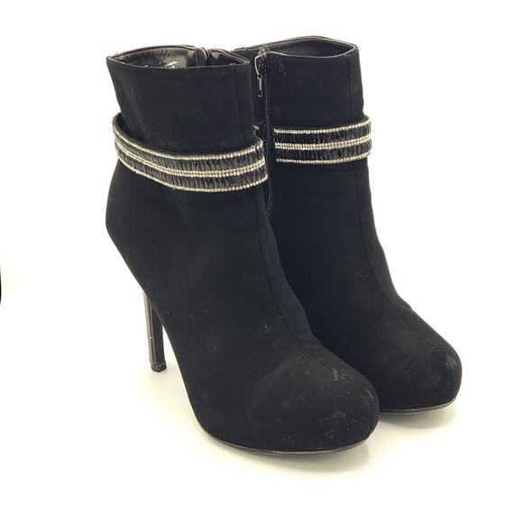 Madeline Stuart black suede heels ankle booties rhinestone strap women's size 8 - Picture 2 of 9